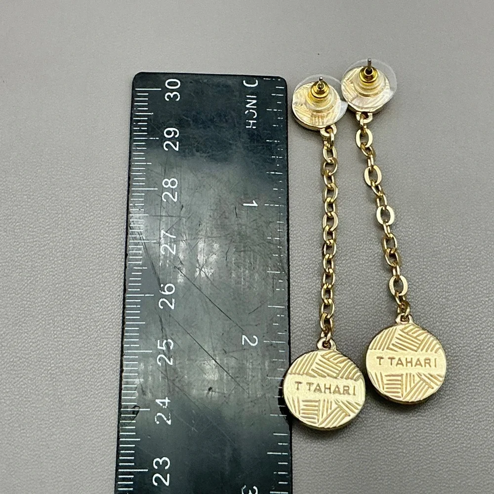 T Tahari Earrings Women Gold Tone Long Chain Dangle Drop Round Disc 2.25 Inch